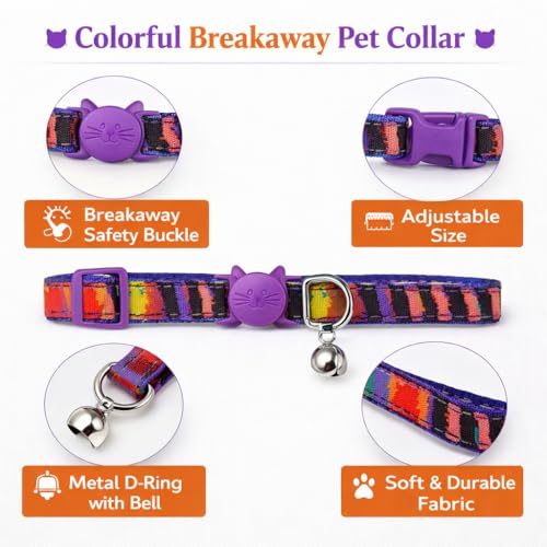 Image of Emily Pets Cat Collar for Girl Boy, Colorful Breakaway Cat Collars with Bell, Adjustable Printed Nylon woth Safety Buckles Kitten Collar (Color May Vsry, 1 Piece)