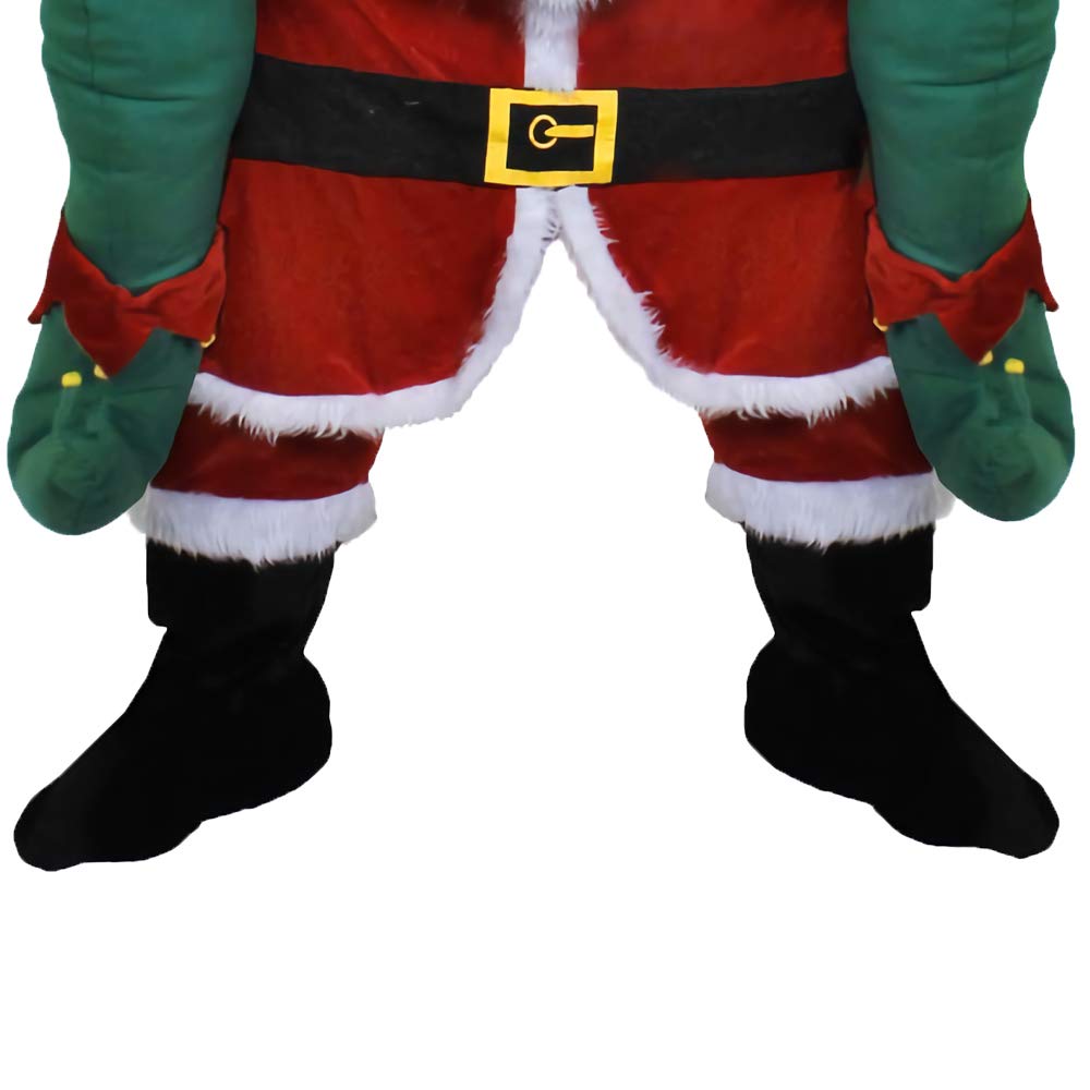 DISFRAZ DE ELFO SOBRE LOS HOMBROS DE SANTA CLAUS - INCLUYE: TRAJE DE PAPÁ NOEL DE UNA PIEZA DE LUJO CON PIERNAS AFELPADO, VESTIDO DE ELFO VERDE, CINTURÓN, COLLAR Y GORRO NAVIDEÑO - GRANDE