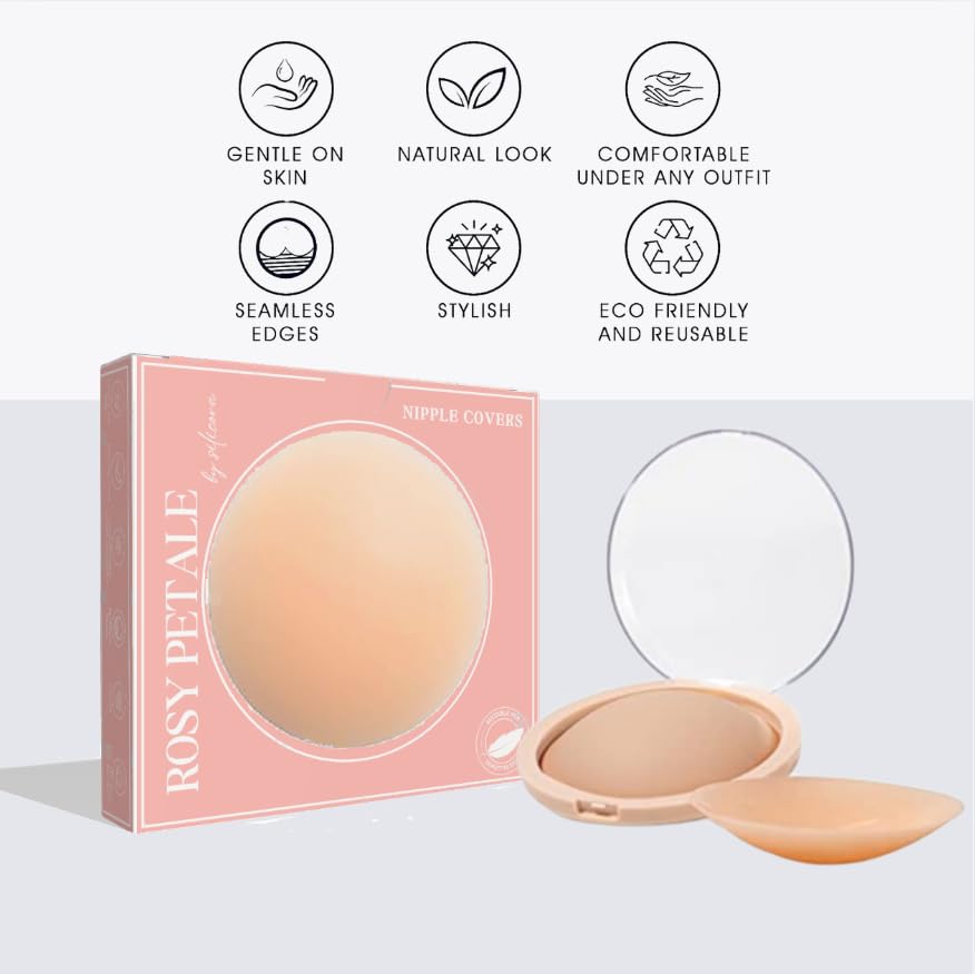 ROSYPÉTALE NIPPLE COVER–Non-Allergic Silicone Adhesive Invisible Pasties–Reusable Waterproof Seamless Sticky Covers with Case3