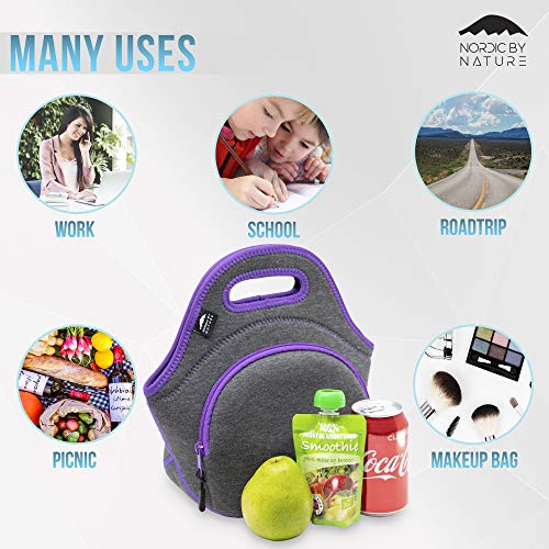 Nordic By Nature Neoprene Lunch Bag For Women & Lunch Tote For Kids Insulated Lunch Bag Reusable Washable Extra Thick Neoprene & Soft Cotton Feel, Premium Stitching, Outside Pocket, (M) Purple #TOP2