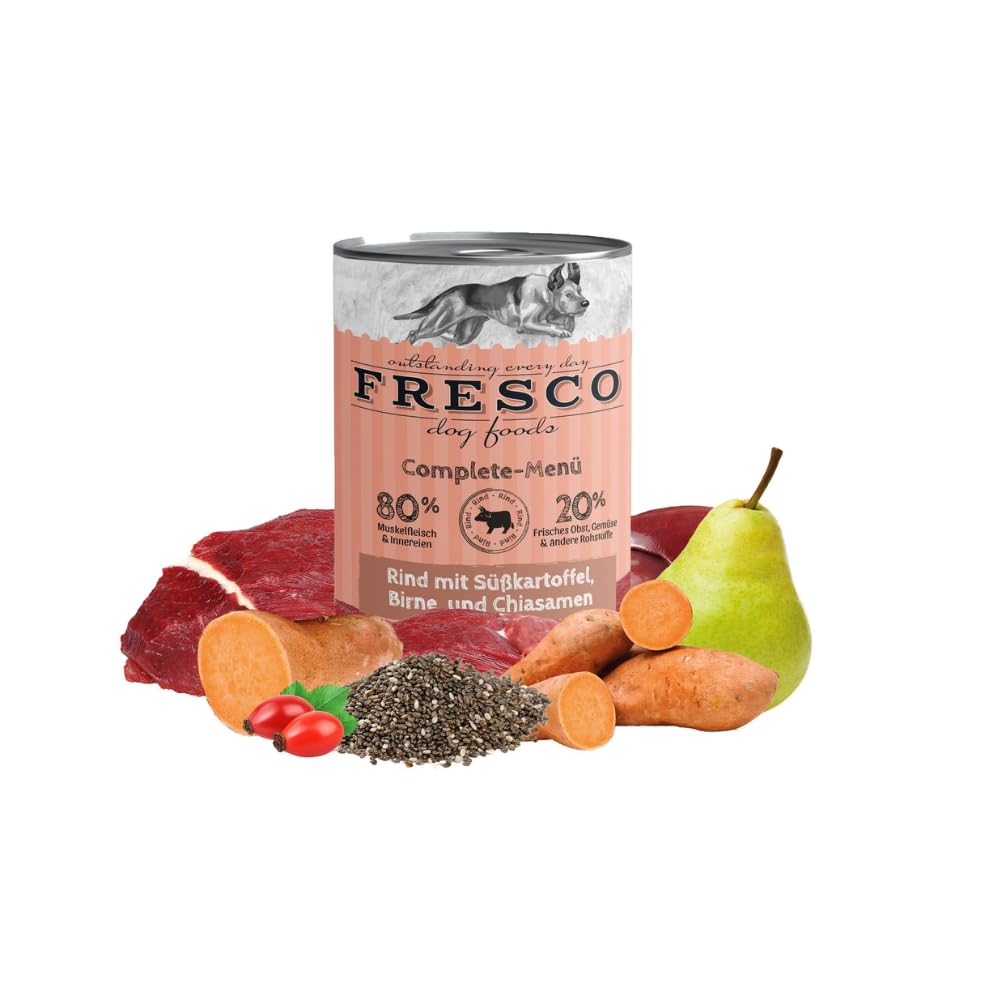 Fresco Complete-Menü Rind mit Süßkartoffeln, Birne & Chiasamen | 12er Pack | 12 x 400 g | Nassbarf für Hunde | Wichtige Proteine & Eiweiß | Aus reinem Muskelfleisch