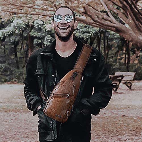Peicees Leather Sling Bag Mens Crossbody Bag Chest Bag Sling Backpack for Men with USB Charge Port - Image 9