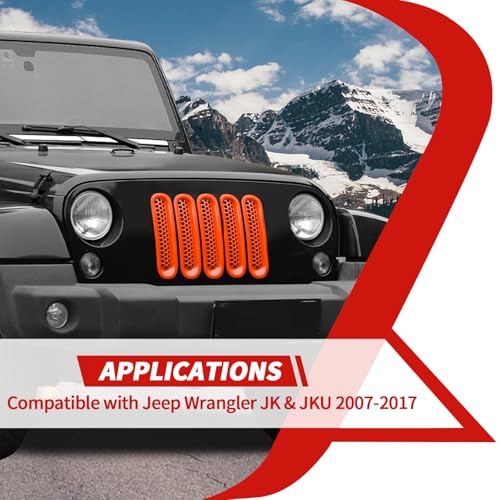 Image of Front Grille Inserts Grill Mesh Clip-on Trim Covers Exterior Accessories Compatible with Jeep Wrangler JK & JKU 2007-2017,Orange