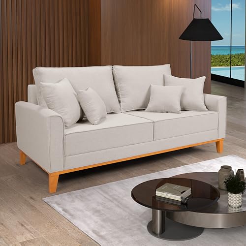 Sofá Living Beny 3 Lugares Linho Cru Fixo Sala Base Madeira