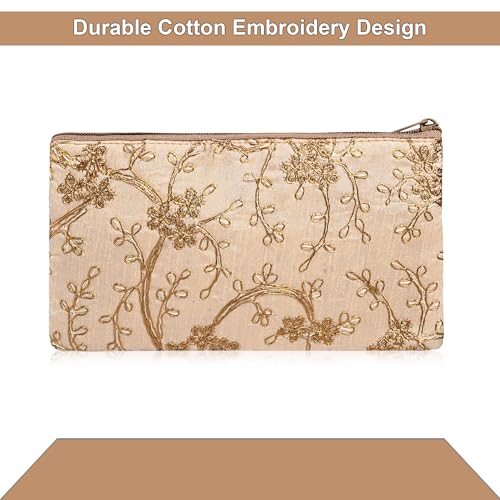 Image of Kuber Industries 2 Pcs Polyester Hand Purse for Woman with Zip | Lightweight & Compact Ladies Purse /Wallet for Travelling, Party, Wedding & Events | Embroidery Design - Cream
