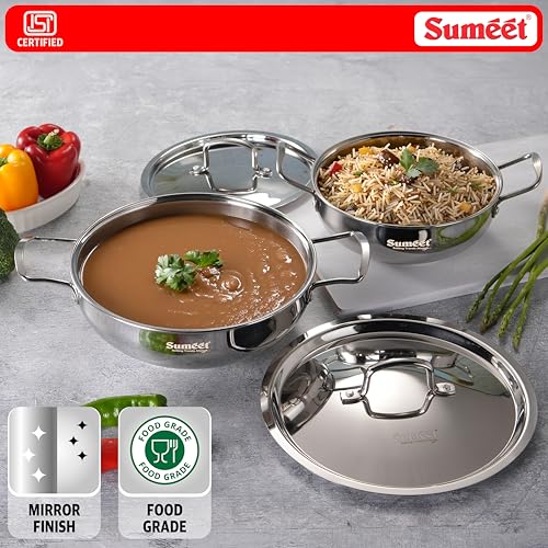 Image of Sumeet ISI Certified Stainless Steel Kadai with Steel Lid & Encapsulated Heavy Bottom |Induction and Gas Compatible |Set of 2 Pcs | 1.5Ltr & 2.3Ltr Capacity - 20 & 24cm Dia, Silver