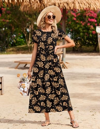 Image of Zeagoo Summer Dresses for Women 2026 Maxi Bohemian Floral Short Sleeve Long Dress Casual Flowy Tired Beach Sundress