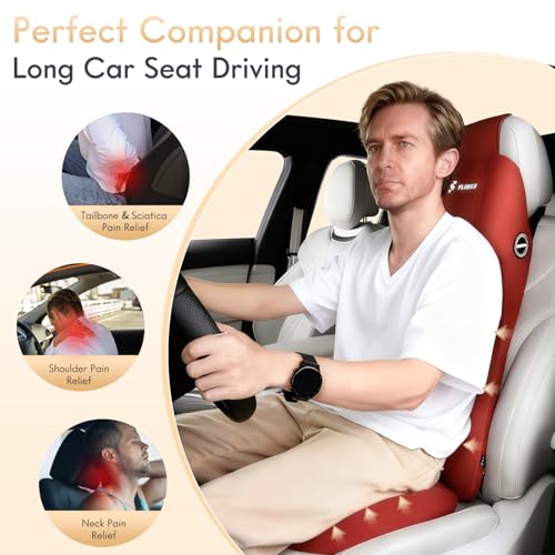 Image of FLORICH Memory Foam Car Seat Cushion and Integrated Neck Pillow Lumbar Support Ergonomic Seat Cushion Breathable Back Support Headrest for Truck Driver Long Driving Sciatica Tailbone Pain Relief, Red