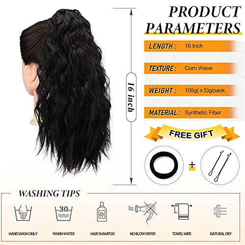 Long Corn Wave Ponytail Extension, PEACOCO 16 Inch Wrap Around Ponytail for Black Women Heat Resistant Synthetic Magic Paste Ponytail Hairpiece