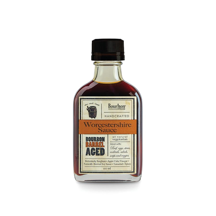 Bourbon Barrel Foods Bourbon Barrel-Aged Worcestershire Sauce - All-Natural, Vegetarian, Sweetened with Kentucky Sorghum, 6 Count of 100 Ml Bottles