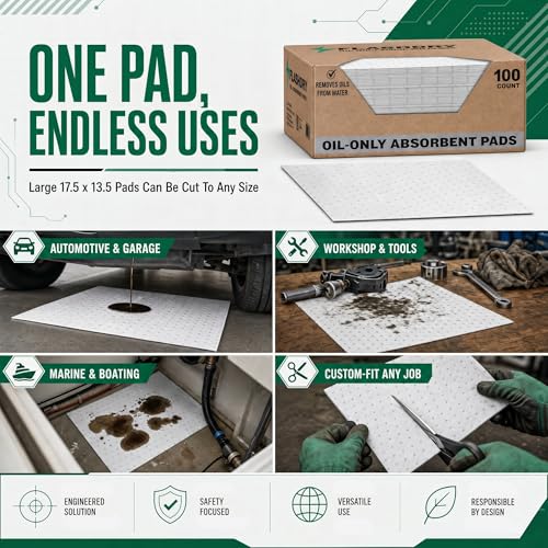Image of FlashDry Oil Absorbent Pads, Fast-Absorbing Oil-Based Fluid Pads for Garage, Shop, Driveway, Automotive & Marine Use, Tear-Resistant Oil Absorbing Sheets, 17.5 inch x 13.5 inch, 300-Count Dispenser Box