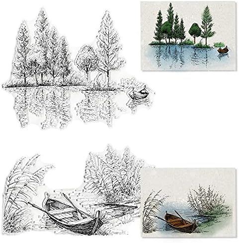 Lake River Scenery Trees Boat Clear Stamps for Card Making and Scrapbooking Card Making Words Transparent Stamps Silicone Stamps Photo Album Decor