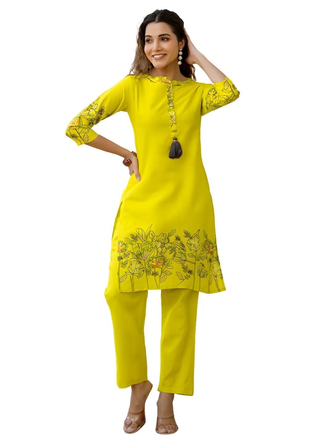 Women's Lemon Yellow Cotton Printed Straight Kurta with Pant (NK-CS07)-image-32