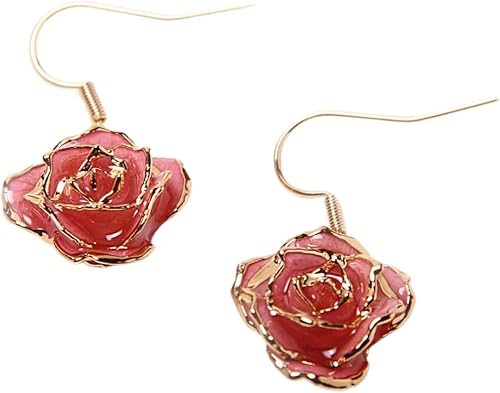 Eternal Rose Pendientes colgantes de oro de 24 quilates con flor de rosa real para mujer