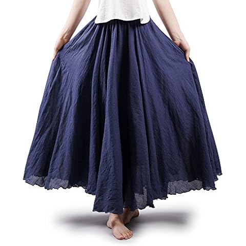 Phorecys Women's Casual Long Maxi Skirt Cotton Elastic Waist Boho Goth Fairy Renaissance Weekend Skirts Dress Navy Blue 85CM Length Cover