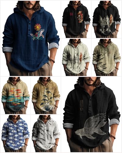 MARSVOVO Mens Hooded Shirt Vintage Retro 3 Button Long Sleeve Light Hoodie Fashion Casual Daily Tops for Spring Fall3