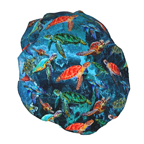 Image of Sea Turtle Shower Cap For Women Adjustable Double Waterproof Layers Bathing Bath Cap Hair Protection Reusable Ladies Spa Salon Shower Hat