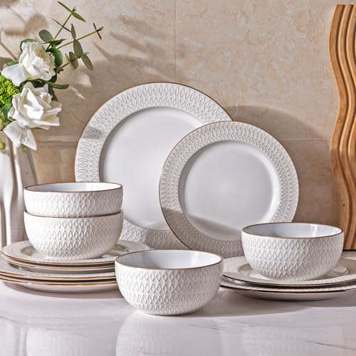 GBHOME Ceramic Dinnerware Sets,12 pcs Embossed Elegant Stoneware Plates and Bowls Sets, Housewarming...