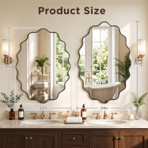 Image of Black Oval Wall Mirror, 24 inch x 36 inch Wavy Bathroom Mirror for Wall with Brushed Alloy Steel Frame&Shatter-Proof Glass, Hanging Decorative Wall Mirrors for Bathroom Sink, Bedroom, Entryway