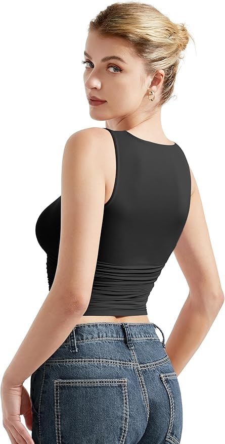 Image of SIGHTBOMB SOFTLINE Feather Touch Double Lined Boat Neck Ruched Waist Microfiber Cuddle Baby Sleeveless TEE for Women