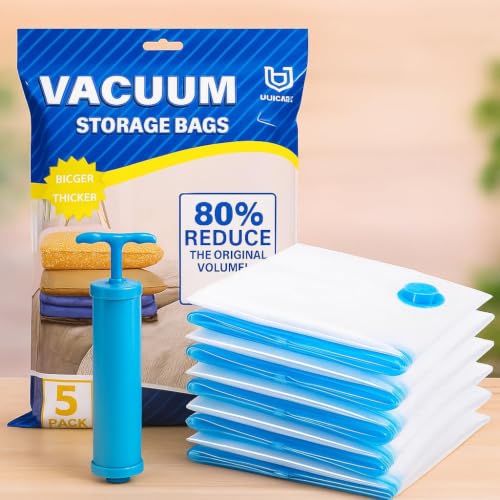 Image of LAXIS Reusable Vacuum Bags for Clothes with Pump, Ziplock Vacuum Storage Bags with Pump, Air Tight Double Zip Seal, Clothes, Blankets, Comforter, Pillows & Travel - (5 Pcs Small- 40 cmx 60cm)