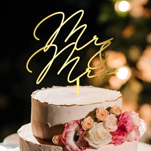 Party to Be Mr & Mrs Wedding Cake Topper in Golden Acrylic (Design 03)