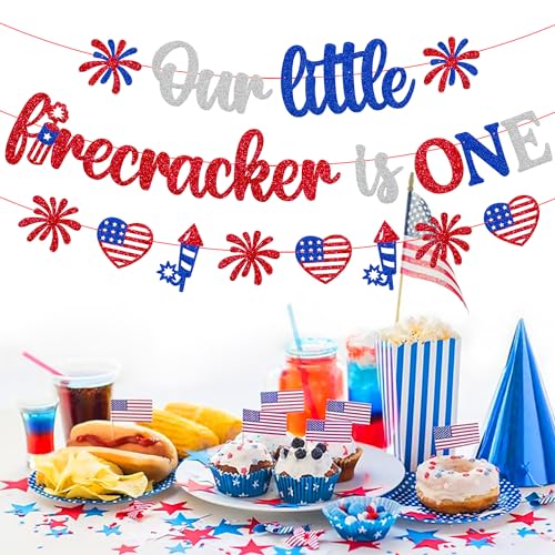 Image of Our Little Firecracker is One Banner 4th of July 1st Birthday Party Decorations for Kids Boy Girl Independence Day First Bday Party Supplies