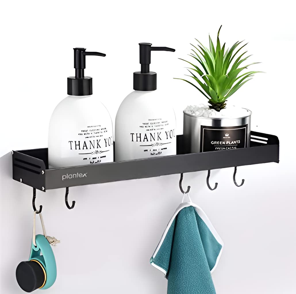 Plantex Multipurpose Aluminium Bathroom Shelf with Movable Hooks/Kitchen Shelf- Wall Mount (Black, Powder Coated) (B08XYVH39F) Amazon Price History, Amazon Price Tracker