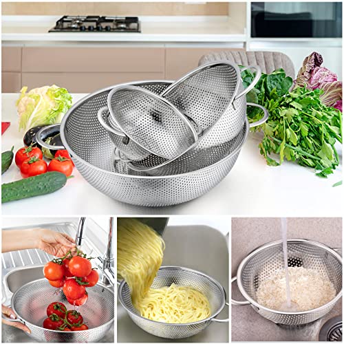 Foto von Sieb, Joyfair Edelstahl Nudelsieb Küchensieb 3er Set, Mikroperforiertes Abtropfsieb mit Griffen, Metall Seiher zum Abtropfen & Spülen von Nudeln/Gemüse/Obst/Reis, Spülmaschinenfest - 28cm/22cm/16cm
