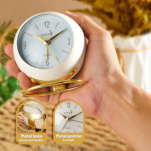 Image of kadio Metal Silent Table Analog Alarm Clock No Ticking, Lighted On Demand and Battery Operated, Beep Sounds, Small Desk Clock(White), 8.5 Centimeters, 8.5 CM
