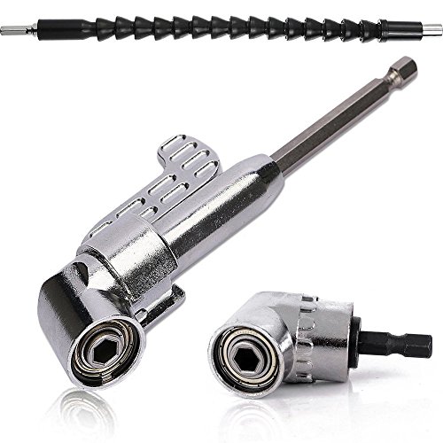 QISF 2 teilig 105° Winkelschrauber Vorsatz Adapter （1teilig lang & 1teilig kurz）+ 300 mm Flexible Schaft Bits Bohrer Verlängerung mit 1/4-Zoll Schnellwechsel und Magnetischen Bit Halter