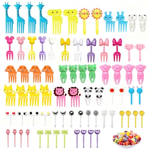 76 Tenedores de Fruta de Dibujos Animados, Simpáticos Palillos para Bento, Palillos para Tartas, Tenedores para Comida, Reutilizables, Adecuados para Fiestas Infantiles, Celebraciones de Festivales