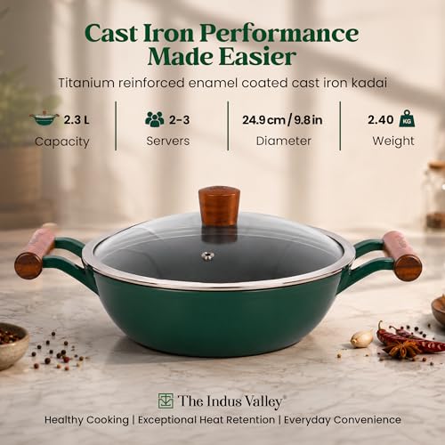 Image of The Indus Valley Titanium Reinforced Enamel Coated Cast Iron Kadai 2.3 litres | 3 Layer Cast Iron with Glass Lid | Wooden Handle | Naturally Non Stick | Induction Compatible | PTFE, PFOA & PFAS Free
