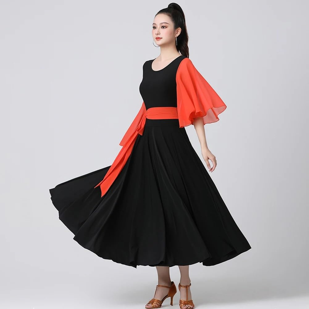 Modern Dance Kleid Standard-Turnierkleid aus Chiffon, langes Chiffonkleid mit Rundhalsausschnitt, schwarz