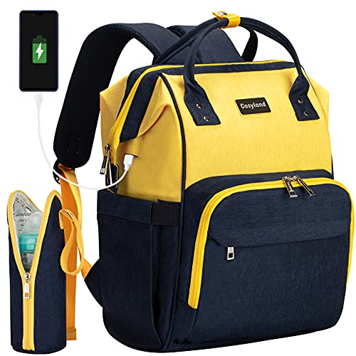 COSYLAND Mochilas para Pañales Biberones Bolso de Cambio Mamá Multifuncional Impermeable Gran Capacidad con Aislado Bolsillos para Bebé con 2 Ganchos para Cochecito y Cable USB, Azul Marino+Amarillo