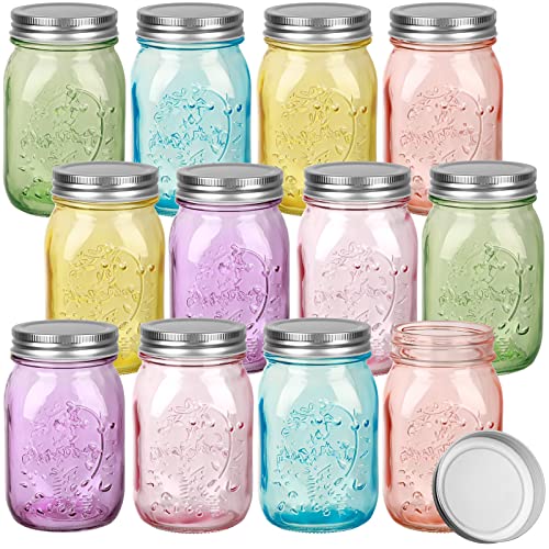 Pinkunn 12 Pcs 16 oz Colored Mason Jars with Lids Bulk Vintage Color Glass Mason Jars for Storage Airtight Regular Mouth Glass Container for Fermenting Jelly DIY Crafts(Colorful)