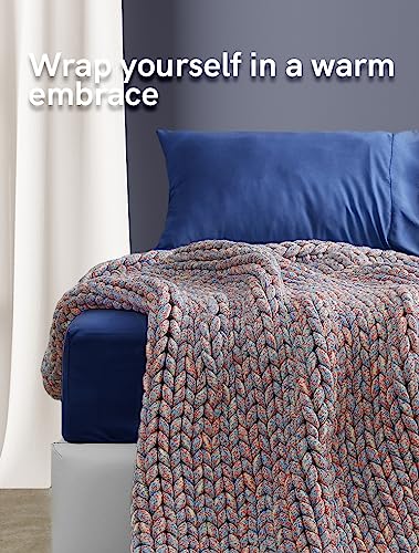 YnM Weighted Blanket, Handmade Chunky Knitted Design, Soft and Cozy, Temperature Regulating and Breathable, Machine Washable Throw for Sleep or Home Decor (Red Blue Fancy Yarn, 60x80 Inch, 15lbs)