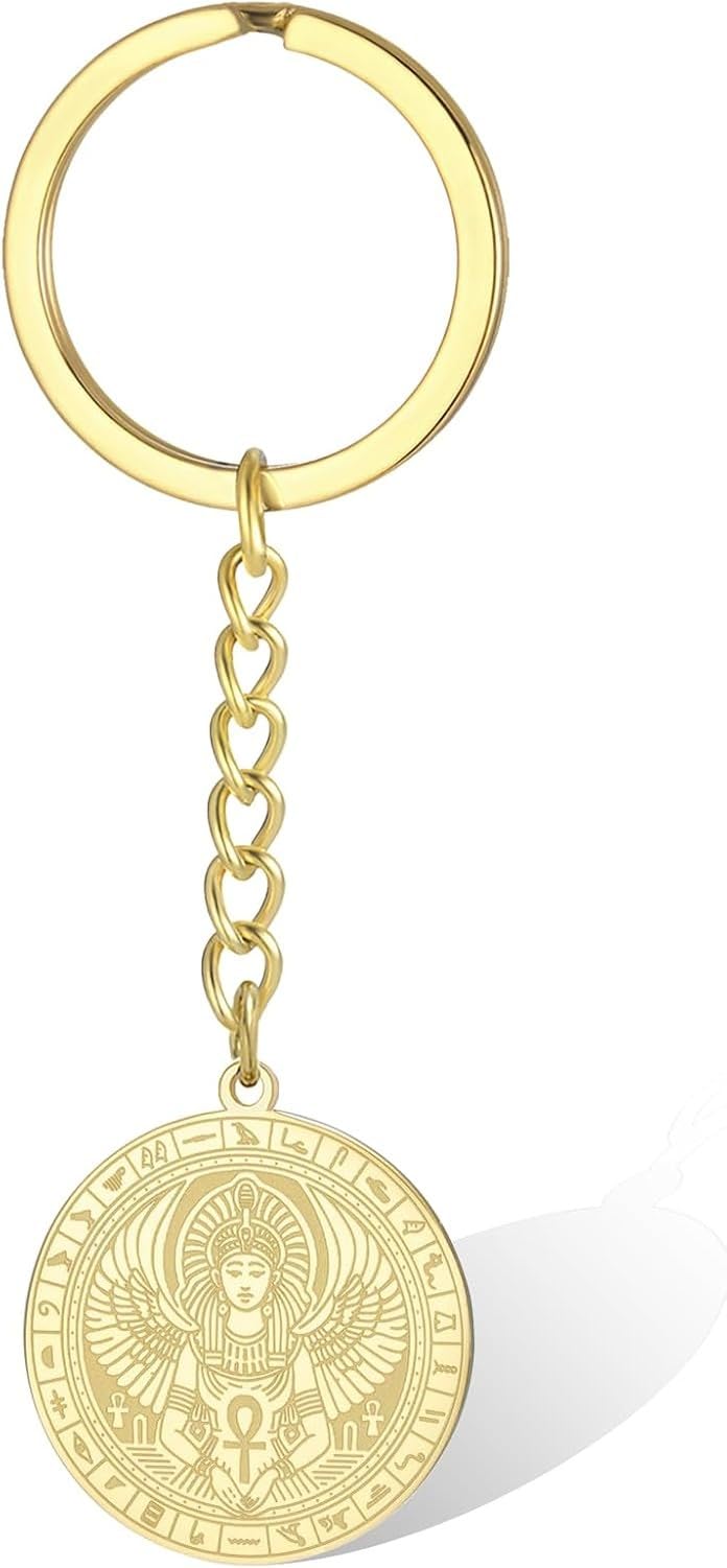 LGBBTI Vintage God Isis Wings Ankh Keychain Stainless Steel Long Amulet Charm Hieroglyphs Woman Angelic Wing Detail Jewelry Gift for Birthday Ladies, Gold