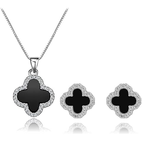 ESTART Four-Leaf Clover Jewelry Set, Sterling Sliver Black Obsidian Clover Pendant Necklace Stud Earrings Jewelry Set for Teen Girls Women with Jewelry Box Cover