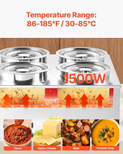 Image of VEVOR Electric Soup Warmer, Four 6.34QT Stainless Steel Round Pot with 86~185F Adjustable Temp, 1500W Commercial Bain Marie with Anti-Dry Burn and Reset Button, Soup Station for Restaurant, Buffet