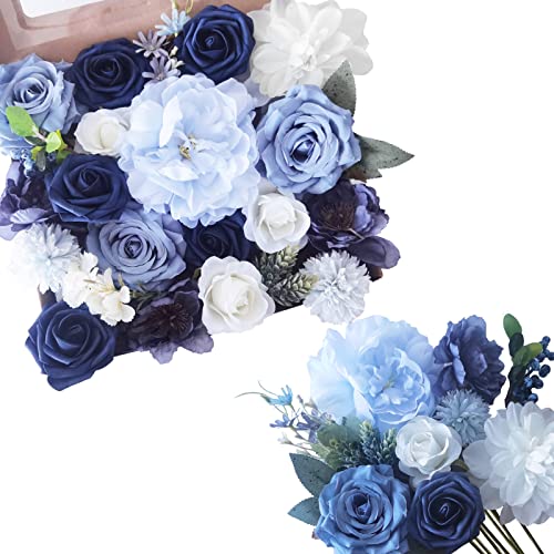 Künstliche Blumen Kunstblumen Gefälschte Seidenblumen Faux Brautstrauss Blumen Strauß DIY Combo Deko Blumen für Hochzeit Blumenarrangements Blumensträuße Zuhause Garten Party Vintage Staubiges Blau