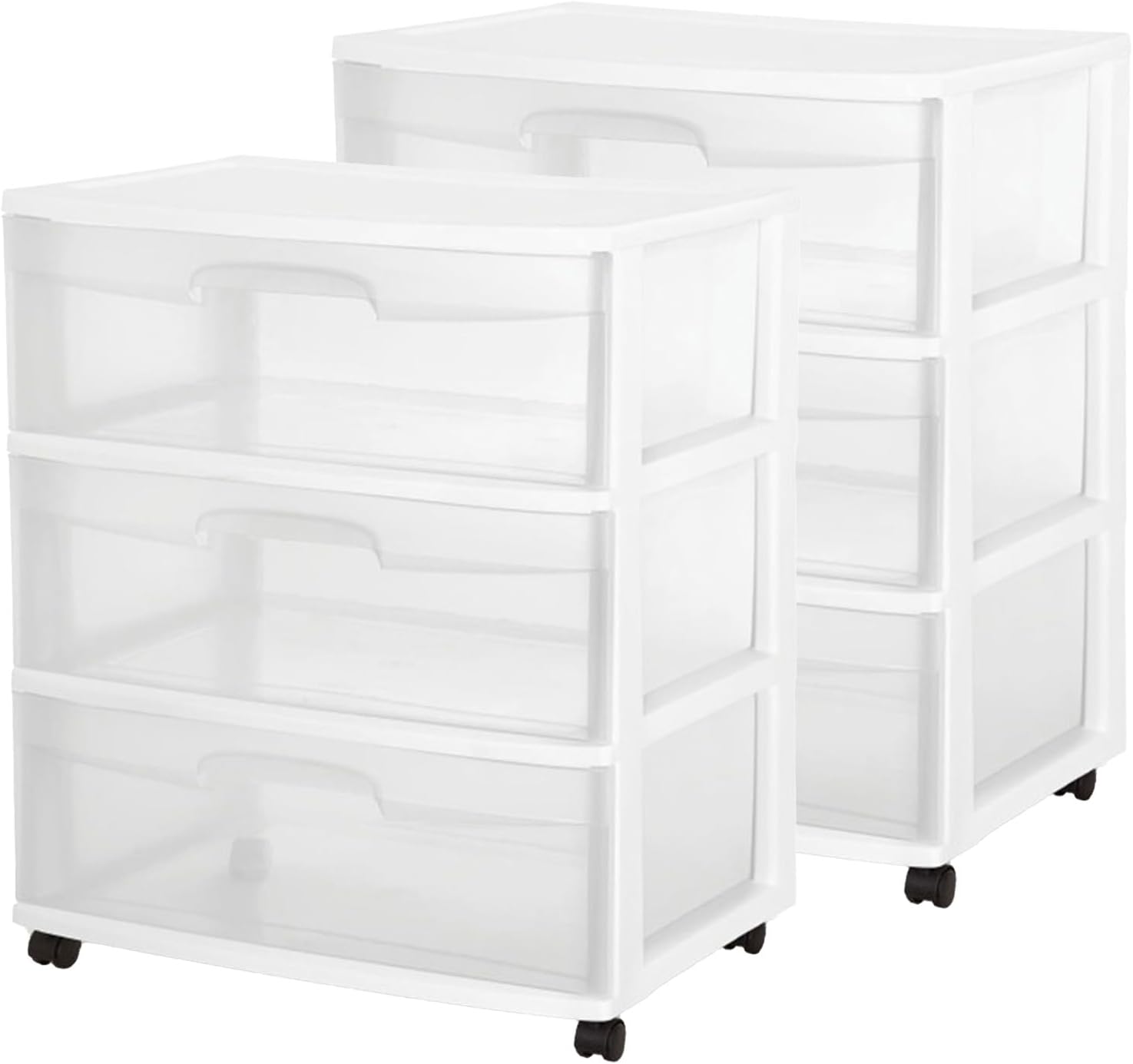 2-Pack 3-Drawer Wide Storage Organizer Cart, Rolling Container w/Wheels, White - Organizing Containers for Bathroom, Closet, Kitchen, and Bedroom