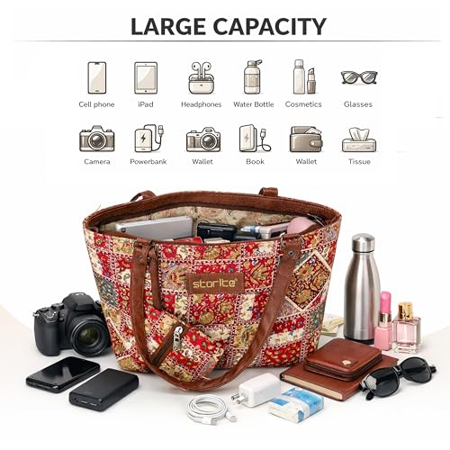 Image of Storite Women's Tote Bag with Leather Handles & Embroidery Printed Handbag with Zip Pockets, Shoulder Tote Bag and Handbag for Office and College