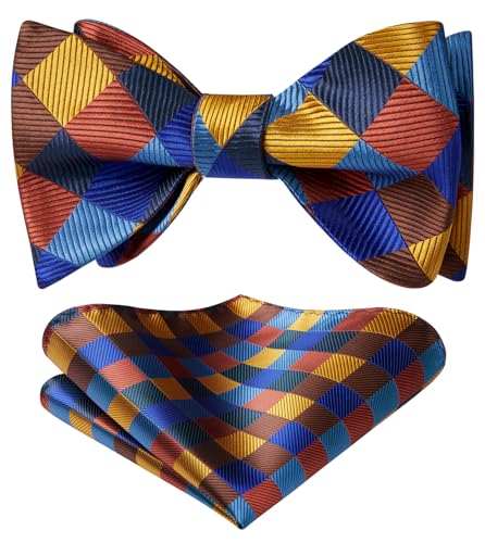 HISDERN Mens Check Plaid Self Tie Bow Tie and Pocket Square Set - Classic Formal Orange Tuxedo Wedding Bowties and Handkerchief