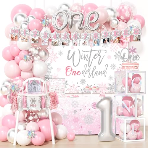 Fiesec Winter Onederland 1st Birthday Girl, 126 PCs Winter Wonderland First Birthady Party Supplies with Snowflake Backdrop, Pink & Silver Balloon Garland, Tablecloth, Cake Topper, Crown