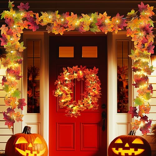 FOREST PRINCE 2 Pack Fall Garland with Lights for Fall Decor, Total 20FT 60 LED Battery Operated Autumn Lighted Fall Garland, Fall Lights Decorations for Home Thanksgiving Halloween Indoor Outdoors