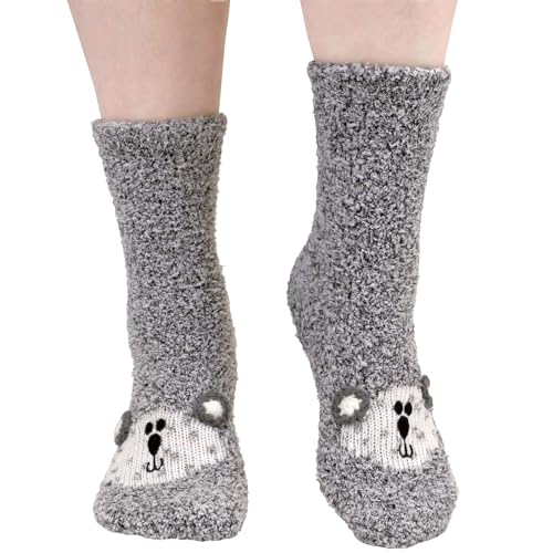 Image of BambooMN Super Soft Warm Cute Women's Animal Non-Slip Fuzzy Fluffy Crew Winter Home Socks