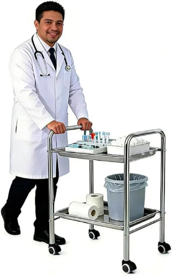 Stainless Steel 2-Tier Rolling Utility Cart with Locking Wheels, Multi-Purpose Service Trolley for Hotel, Office, Kitchen, Medical Use (14"x21"x31")