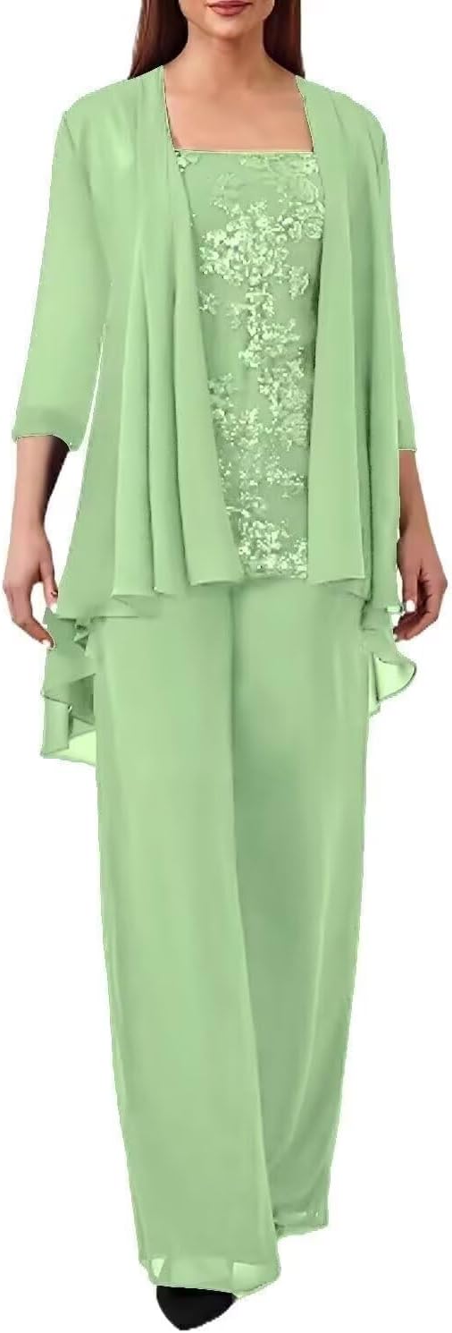 Mother of The Bride Pant Suits for Women Dressy - 3 Pcs Lace Applique Formal Wedding Gust Pantsuits with Jacket
