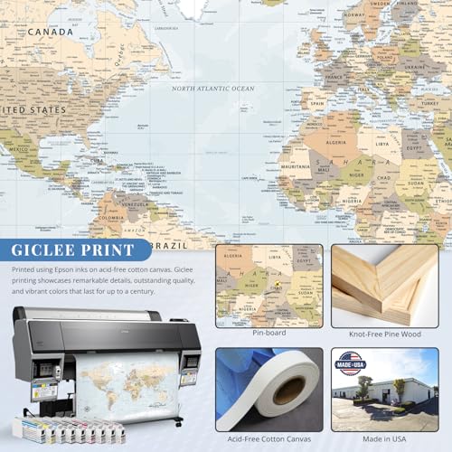 Image of IPIC - Blue Ocean World Map Pin Board Canvas Wall Art, Travel Map with Pins Included, Ready to Hang for Home or Office 36x24 Inch
